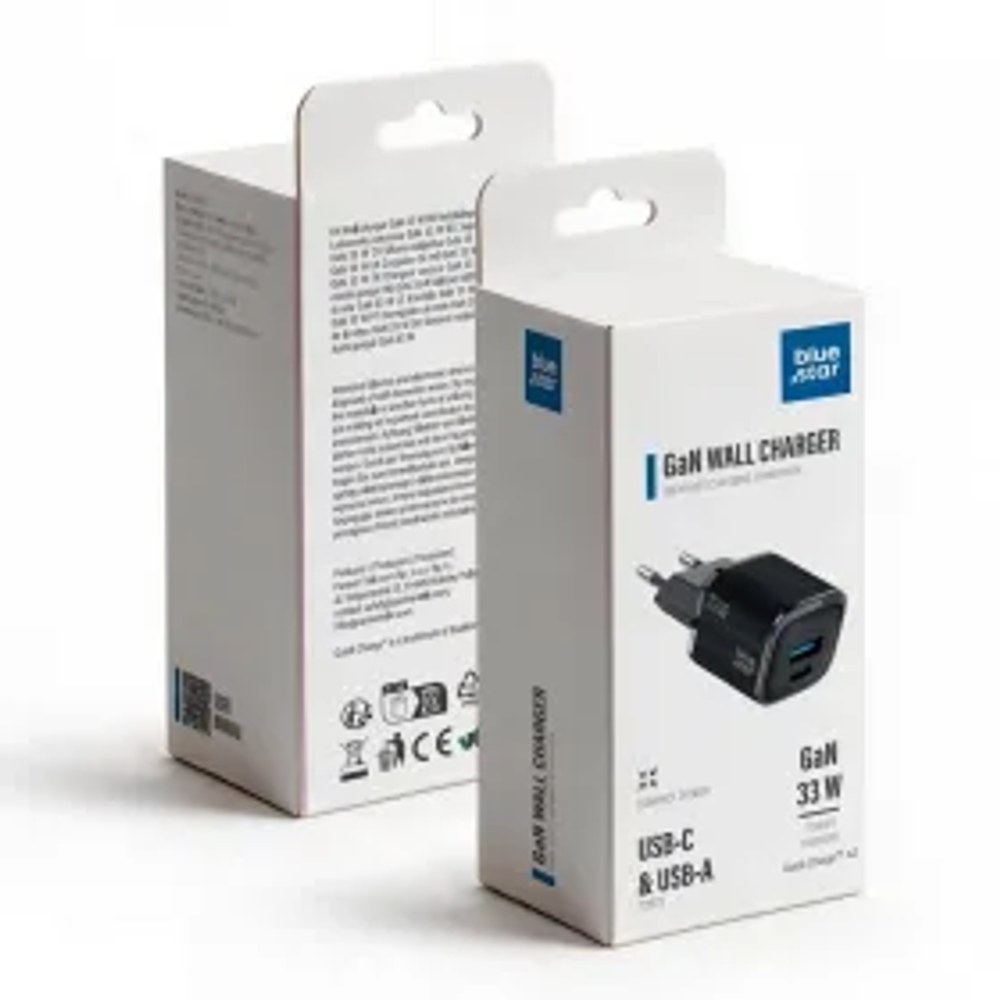 Nabíječka do mobilu Blue Star Nano GaN USB-C + USB-A QC4.0 PD 3 A 33 W VT-332, černá