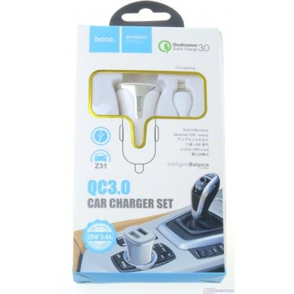 Hoco. Z31 USB port s osvětlovací kabel nabíječka do auta QC 3.0 18W bílá