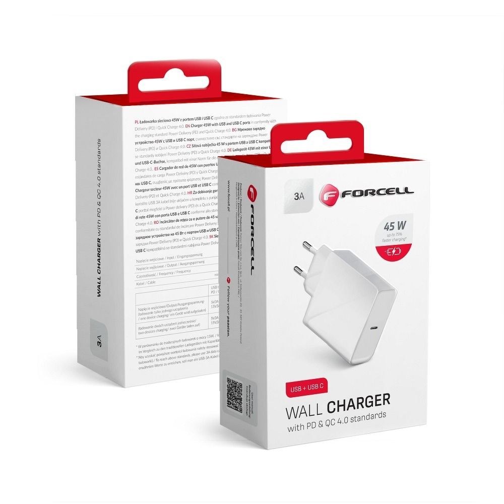 Cestovní nabíječka se zásuvkou USB typu C - 3A 45W s funkcí PD a Quick Charge 4.0