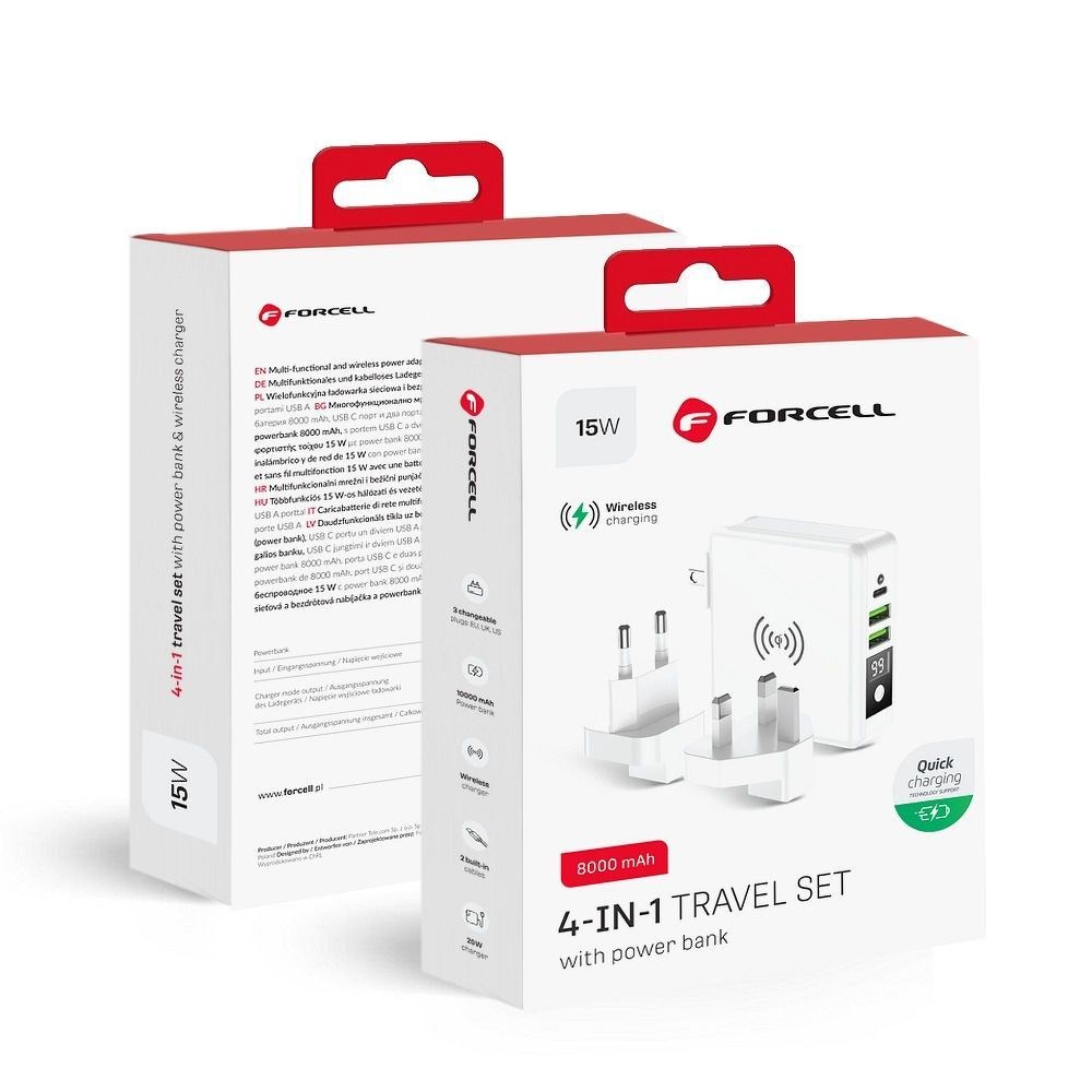 Multifunkční nabíječka 15W 4v1 s USB/USB-C zásuvkou, power bankou 8000mAh a bezdrátovým nabíjením