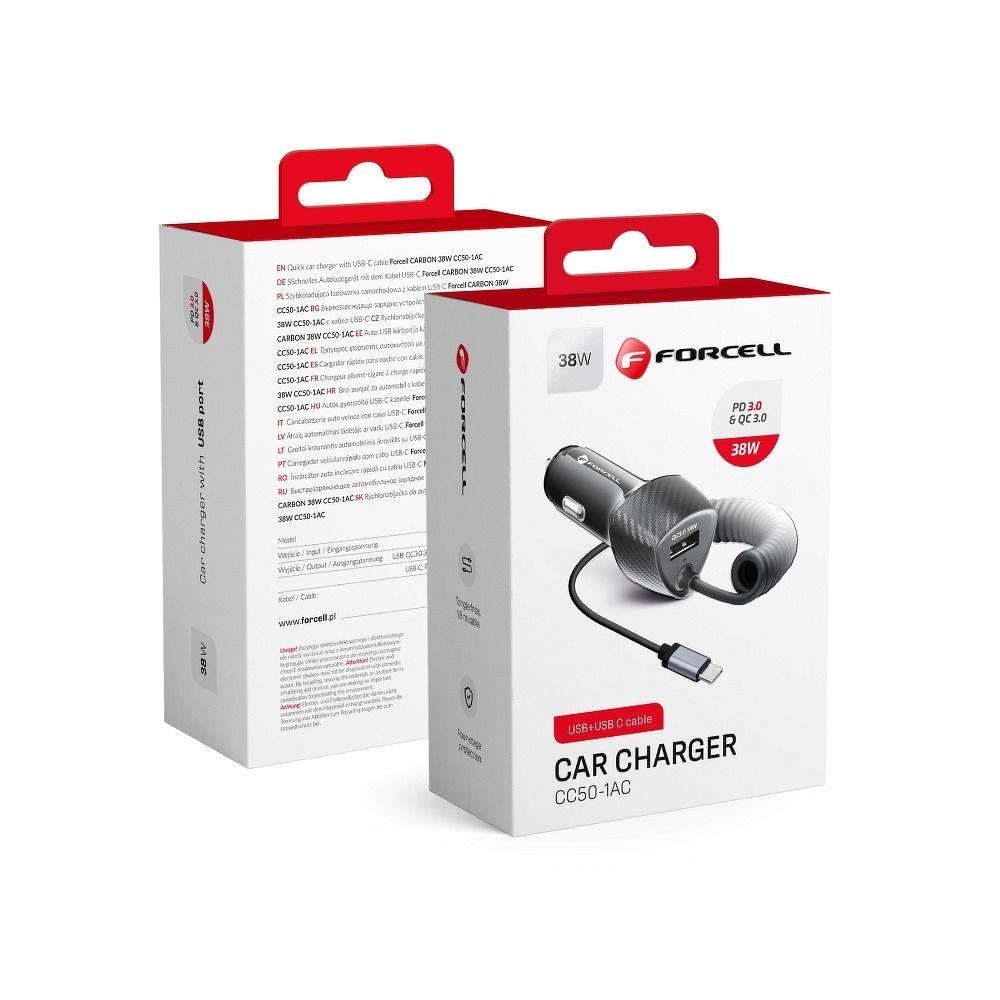 CARBON autonabíječka USB QC 3.0 18W + kabel pro Type C 3.0 PD20W CC50-1AC black (celkem 38W)
