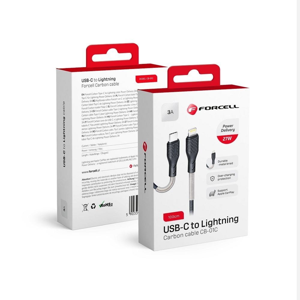 Uhlíkový kabel typu C k iPhone Lighnning 8pin Power Delivery PD27W CB-01C black 1 metr