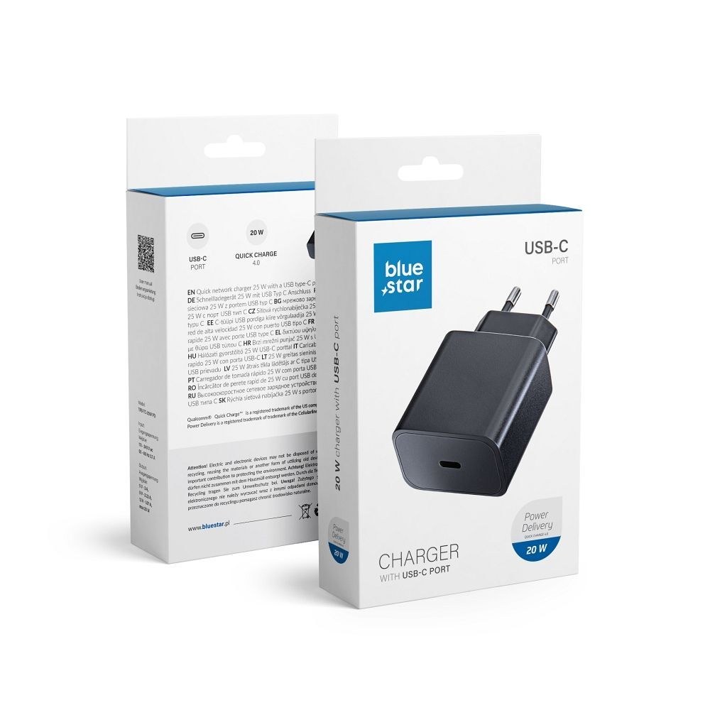 Univerzální cestovní nabíječka Blue Star s USB C zásuvkou - 3A 20W s funkcí PD a QC 4.0