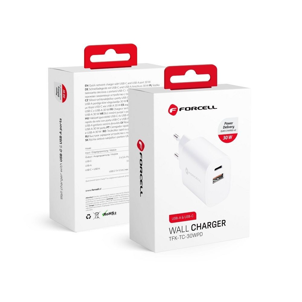 Cestovní nabíječka se zásuvkami USB C a USB A - 3A 30W s funkcí PD a Quick Charge 4.0