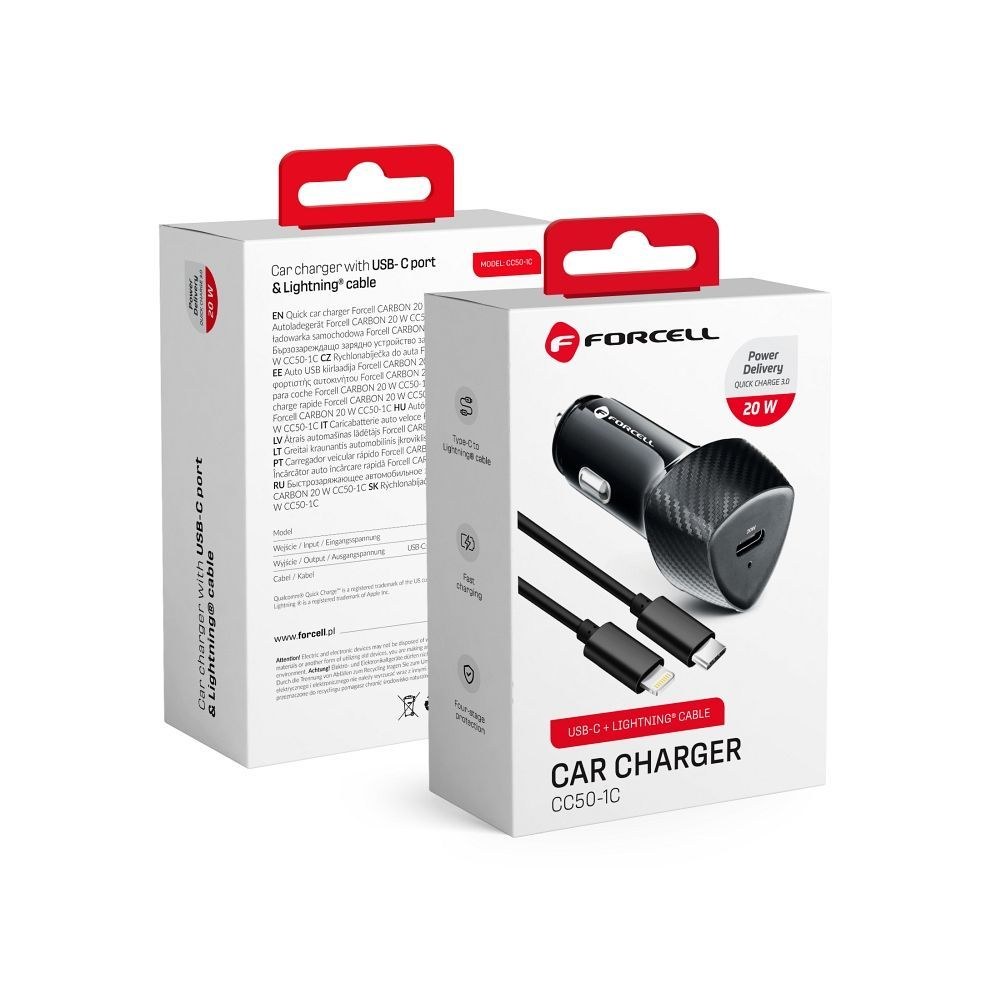 CARBON autonabíječka Typ C 3.0 PD20W CC50-1C černá (celkem 20W) + kabel pro Apple Lightning 8pin PD20W