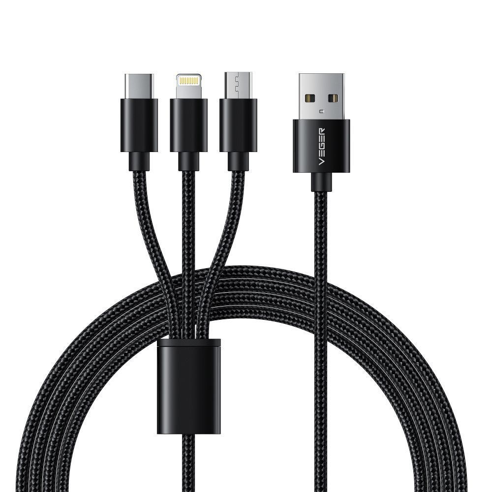 VEGER kabel 3v1 USB A na typ C + Apple Lightning 8pin + Micro 2A V303 1,2m black