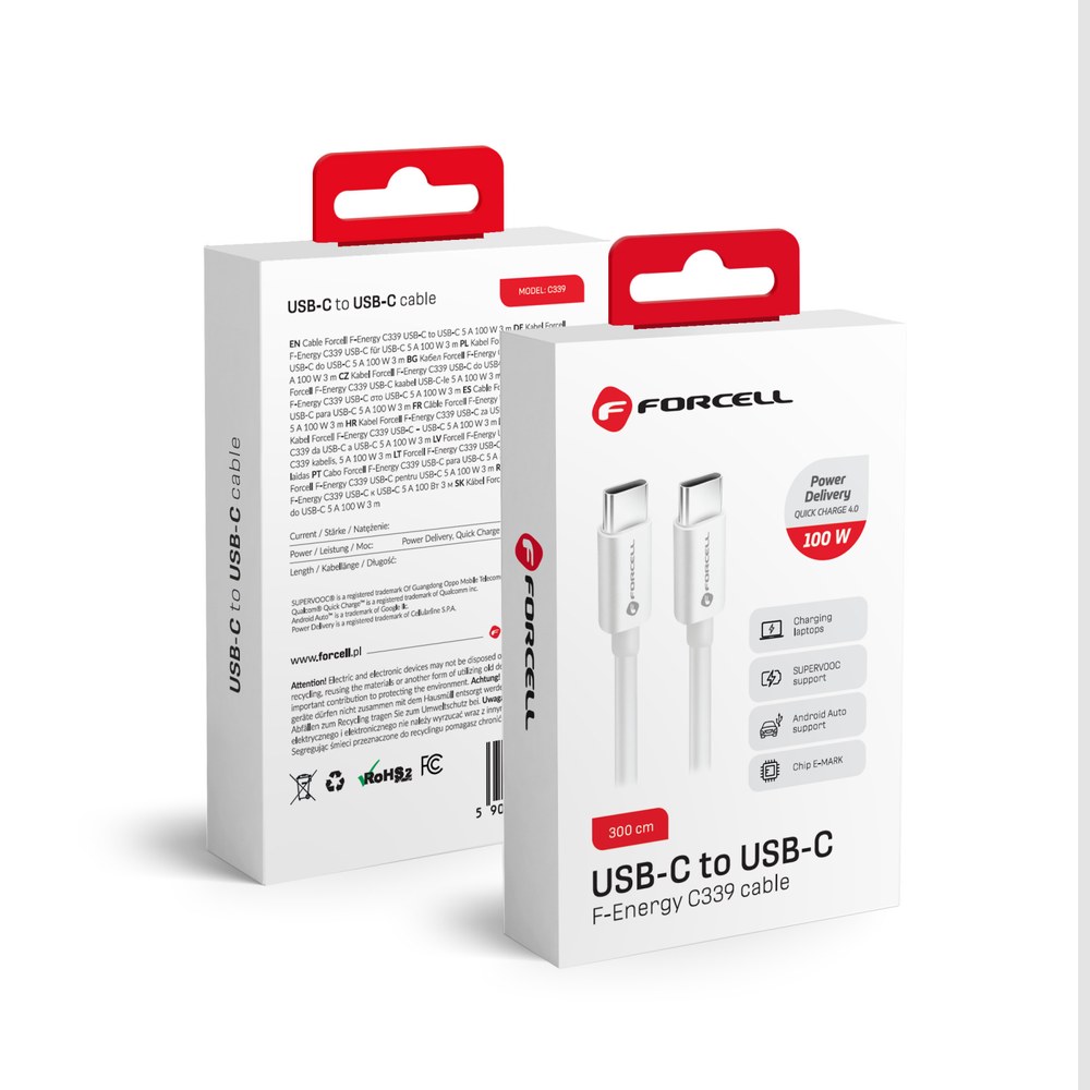 Kabel Typ C do Typ C QC4.0 5A/20V PD100W C339 3m bíl.