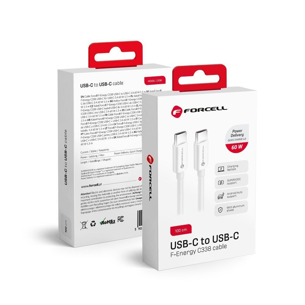 Kabel Typ C až Typ C QC4.0 3A/20V PD60W C338 1m bílý