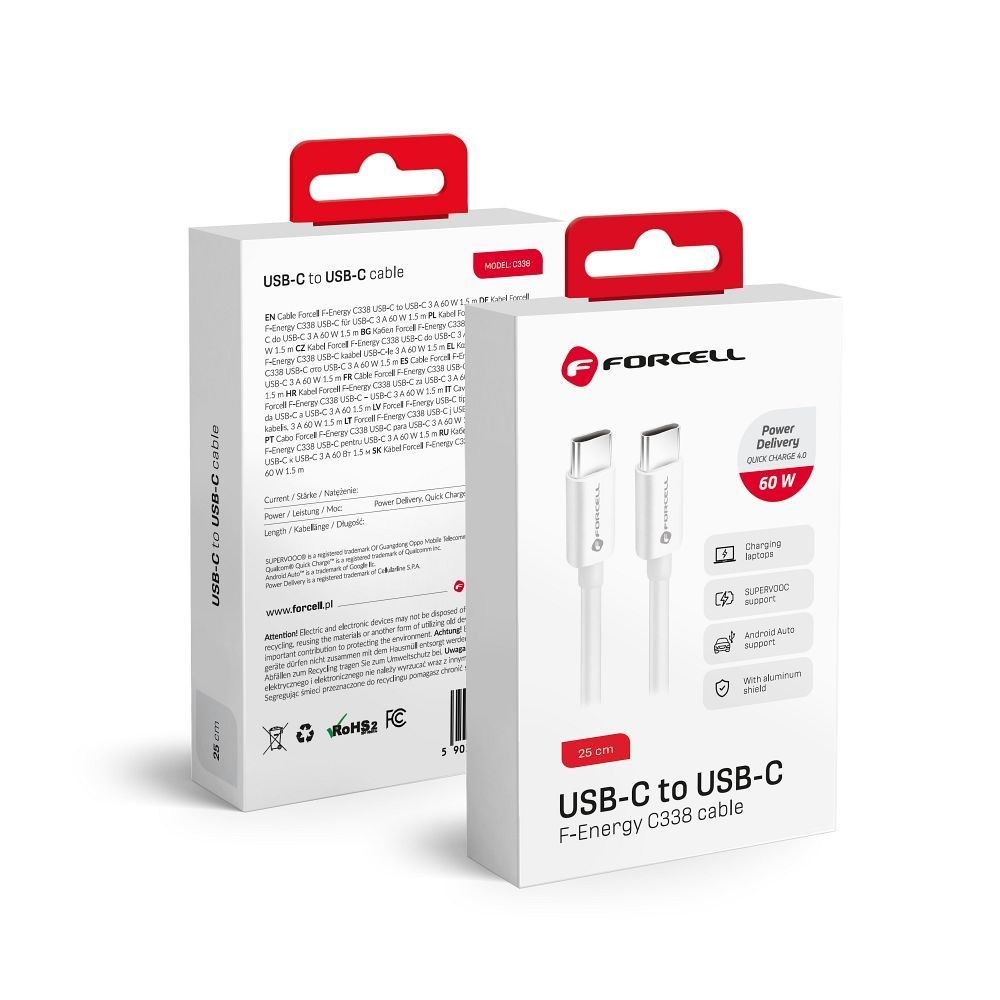 Kabel Typ C až Typ C QC4.0 3A/20V PD60W C338 25cm bílý