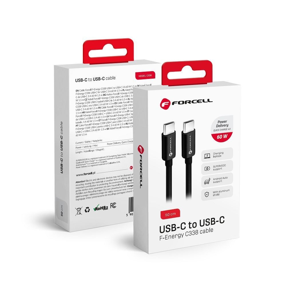 Kabel Typ C až Typ C QC4.0 3A/20V PD60W C338 50cm black