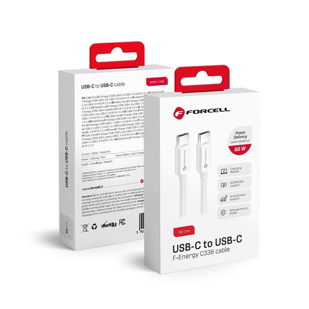 Kabel Typ C až Typ C QC4.0 3A/20V PD60W C338 50cm bílý