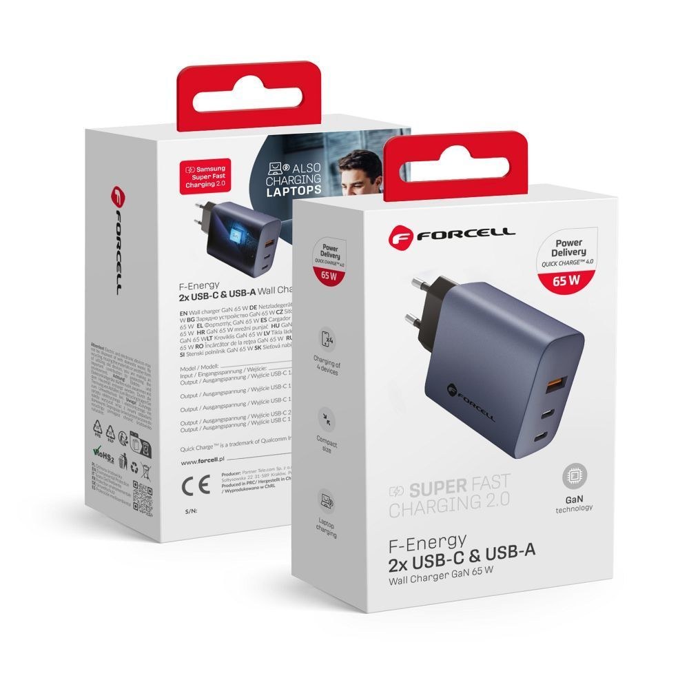 Cestovní nabíječka s 2x USB C a USB A zásuvkami - 4A 65W s funkcí PD a Quick Charge 4.0