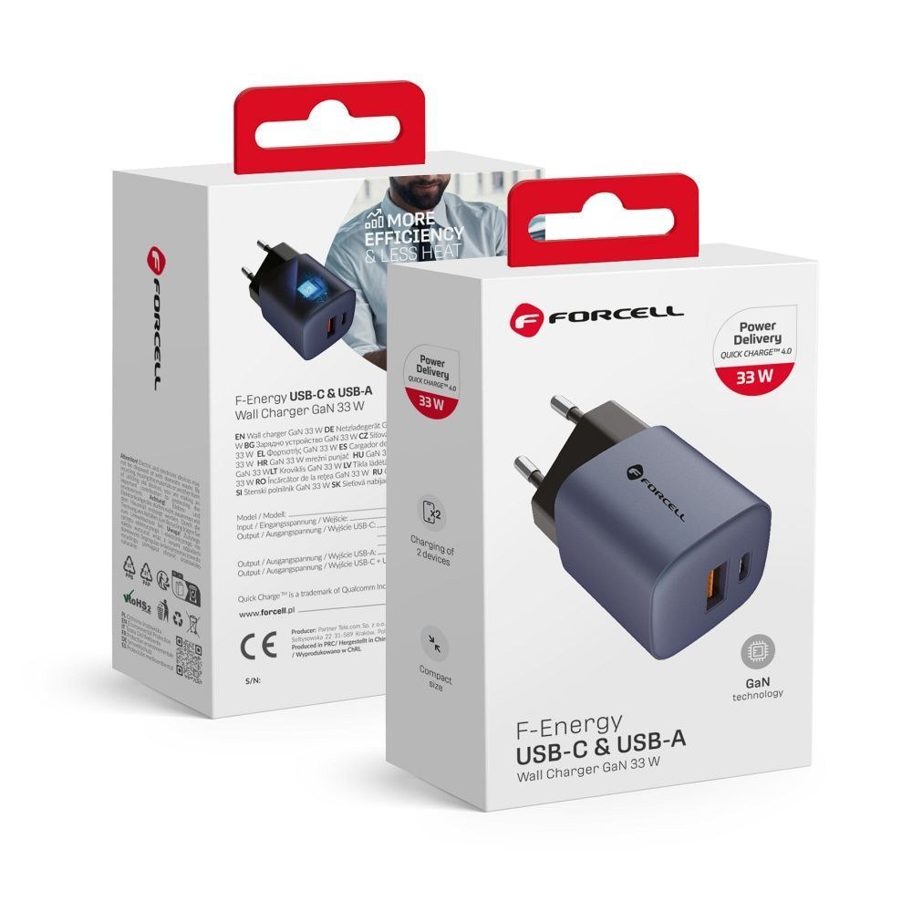 Cestovní nabíječka se zásuvkami USB C a USB A - 3A 33W s funkcí PD a Quick Charge 4.0