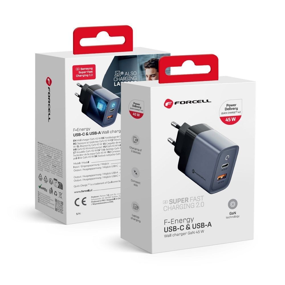Cestovní nabíječka se zásuvkami USB C a USB A - 4A 45W s funkcí PD a Quick Charge 4.0