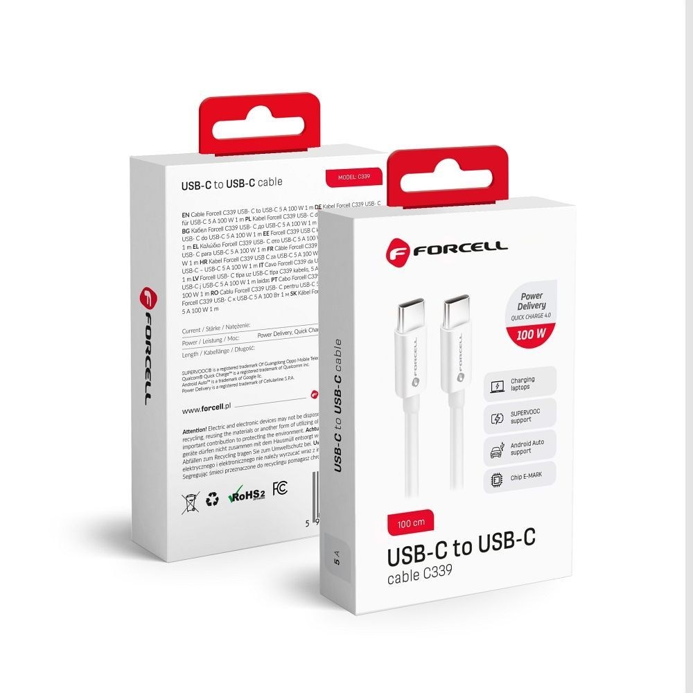 Kabel Typ C do Typ C QC4.0 5A/20V PD100W C339 1m bílý
