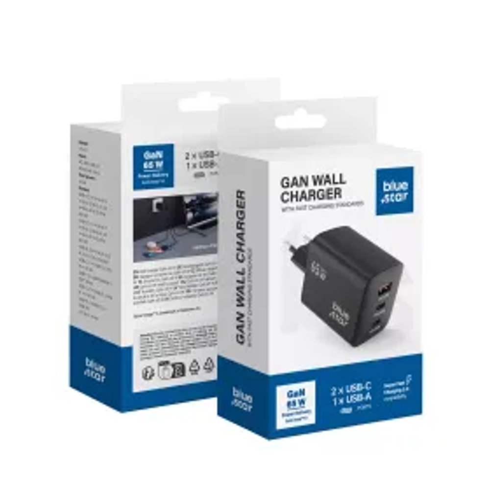 BLUE STAR cestovní nabíječka GaN 4A 65W 2 x Typ C + USB A PD QC4.0 VT-43 černá