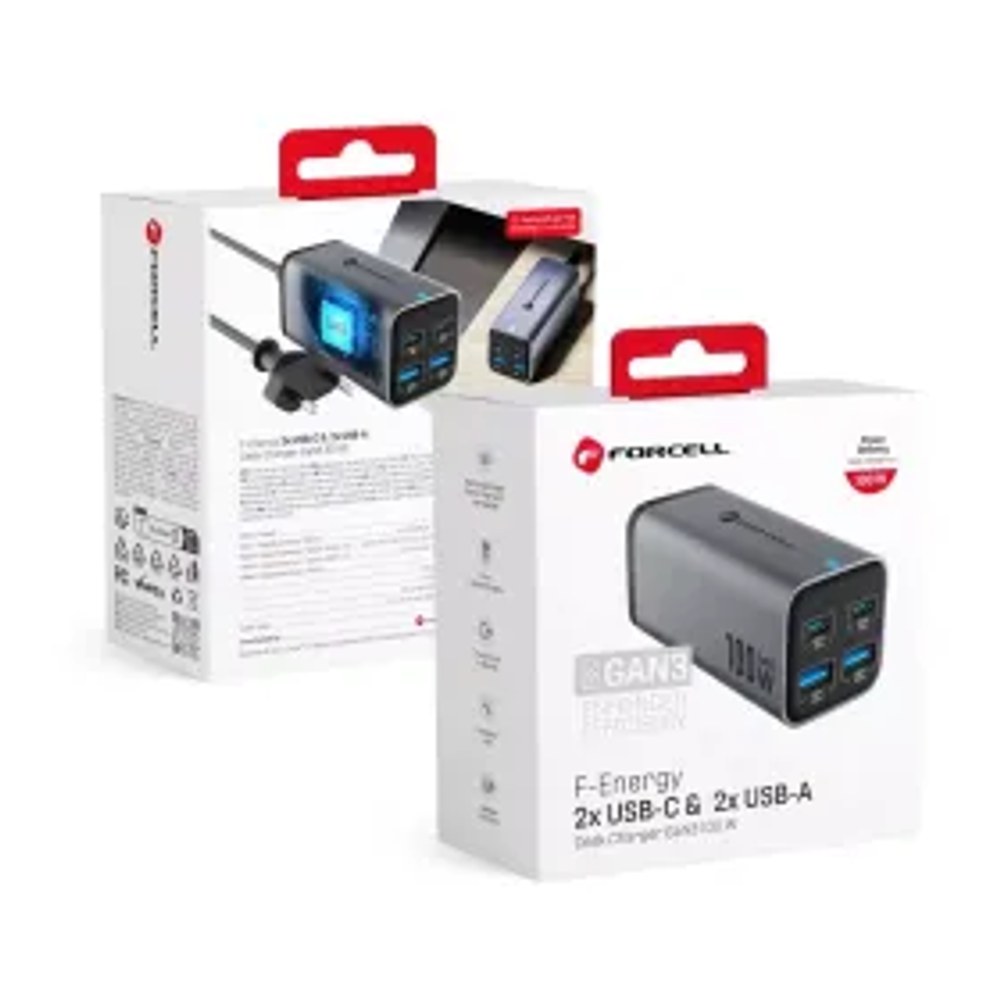 F-ENERGY GaN III VT-49 stolní nabíječka 2 x Typ C + 2 x USB A PD QC4.0 SFC2.0 5A 100W šedá