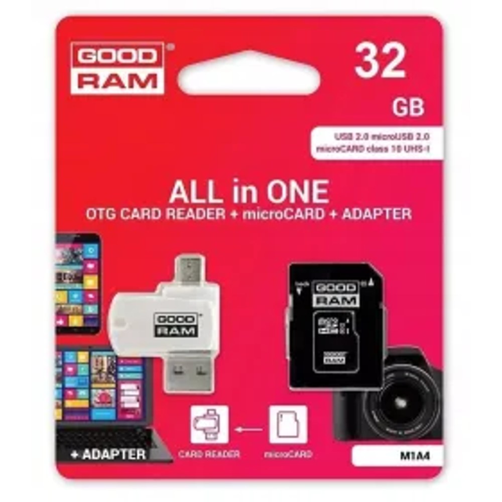 Čtečka karet GOODRAM USB A + Micro USB ALL IN ONE M1A4 + paměťová karta micro SD 32GB s adaptérem SD