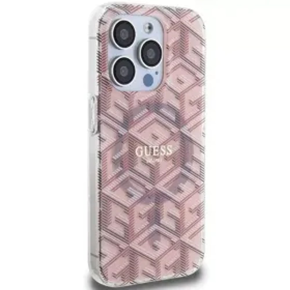 Originální čelní kryt GUESS GUHMP15LHGCUSTGP pro iPhone 15 Pro Max (Magsafe / IML GCUBE / růžový)