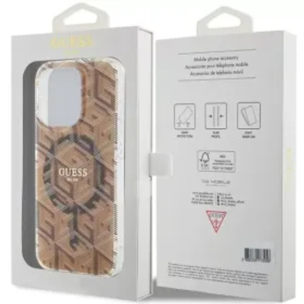 Originální čelní kryt GUESS GUHMP15LHGCUSTGW pro iPhone 15 Pro (Magsafe / IML GCUBE / hnědý)
