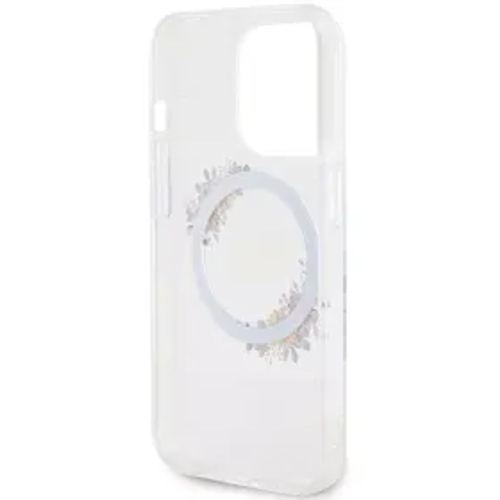 Originální čelní kryt GUESS GUHMP15XHFWFCT pro iPhone 15 Pro Max (Magsafe / Flowers Wreath / transparentní)