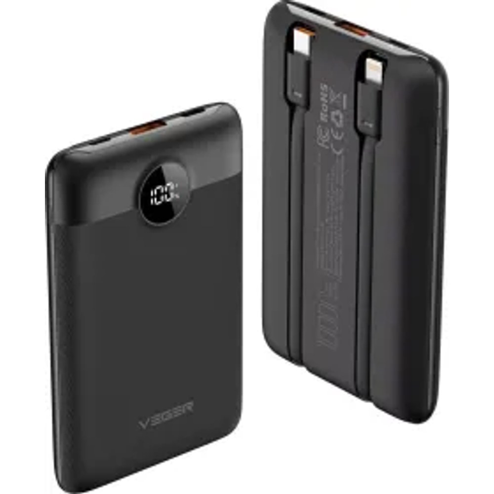 VEGER powerbanka 10000 mAh s vestavěnými kabely Typ C / Lightning PD QC3.0 2A 22,5W C11 (W1170) černá