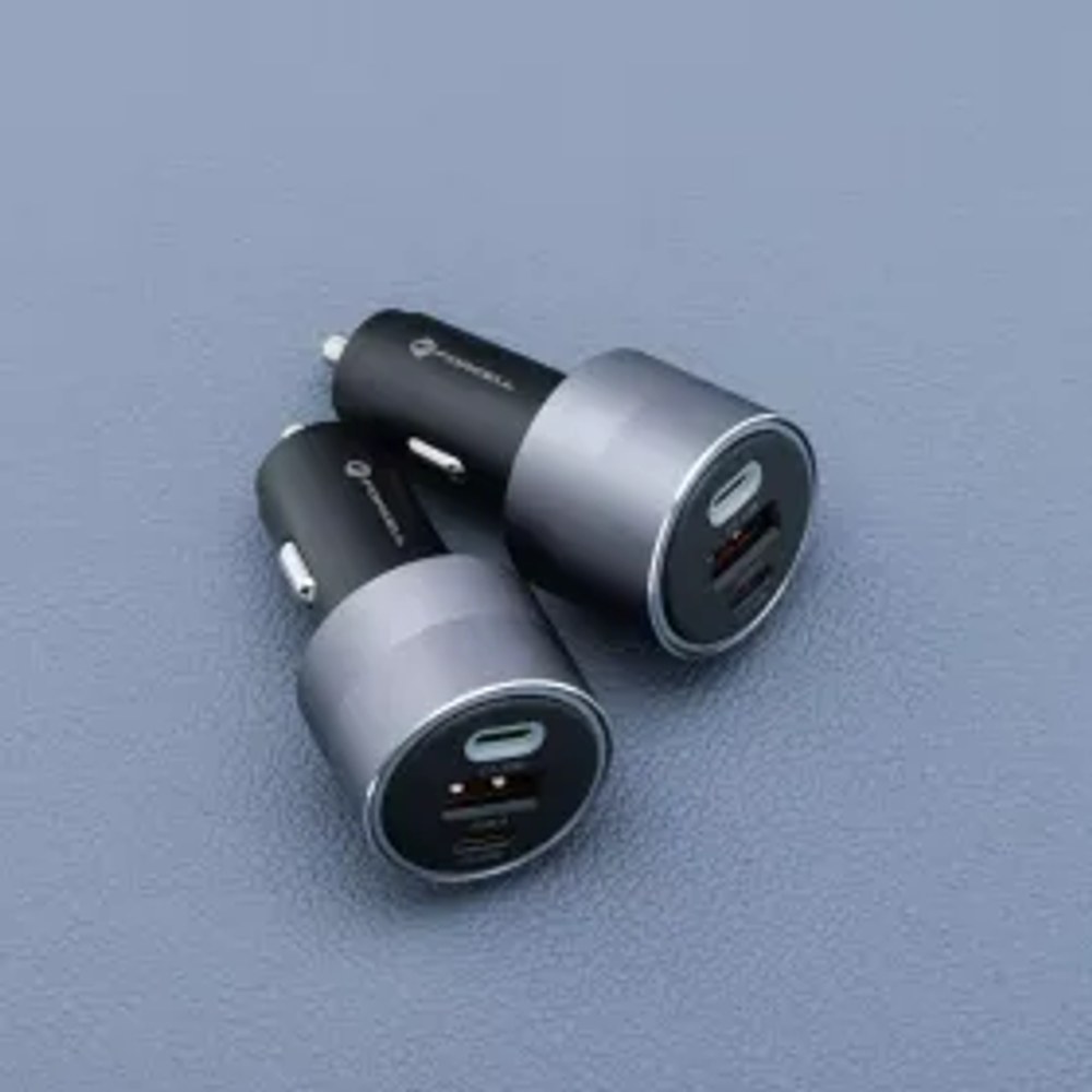 F-ENERGY Alu nabíječka do auta 2 x Typ C + USB A PD QC4.0 SFC2.0 3A 85W šedá