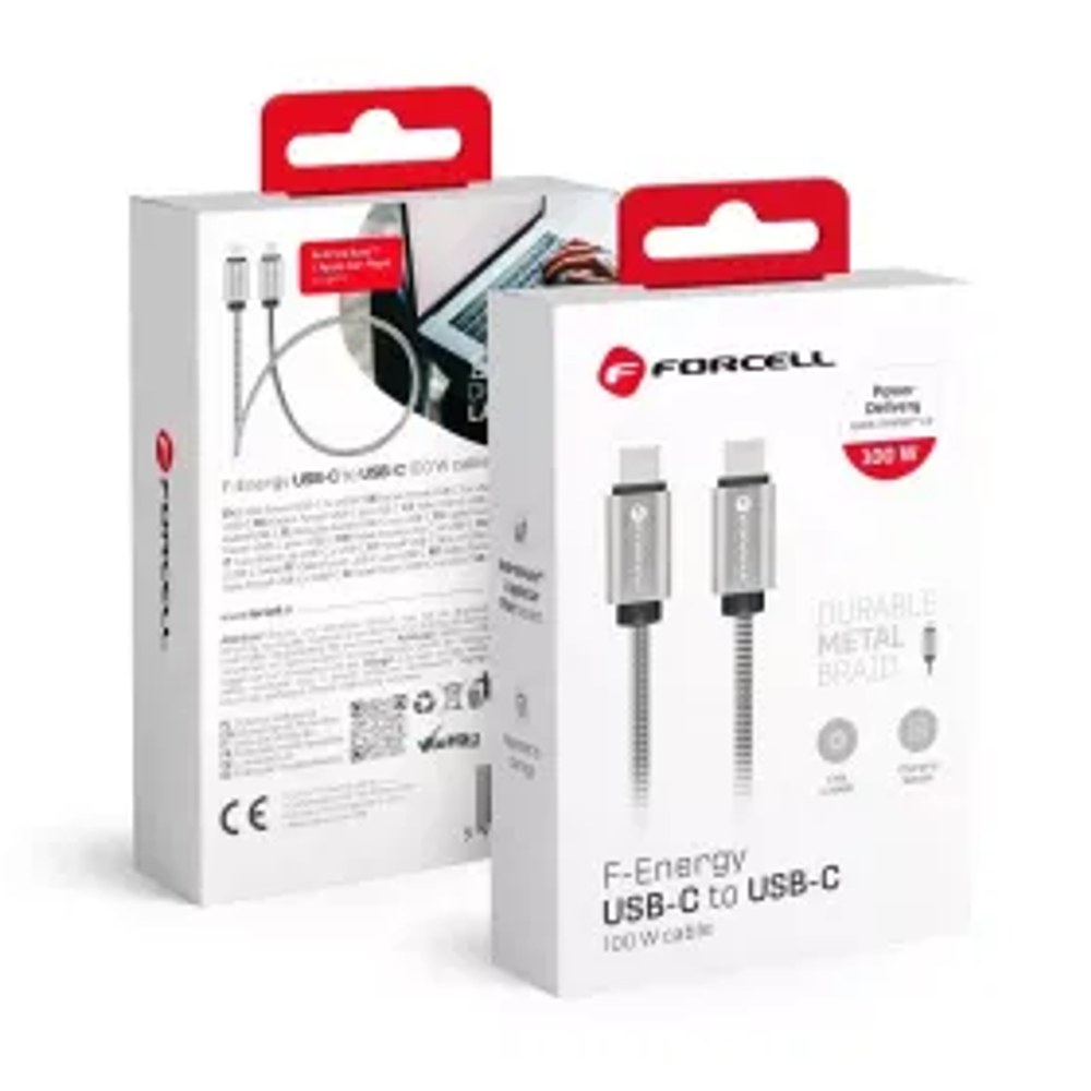 F-ENERGY Kovový kabel C239 Typ C až Typ C PD QC4.0 5A 100W E-mark 1 m stříbrný