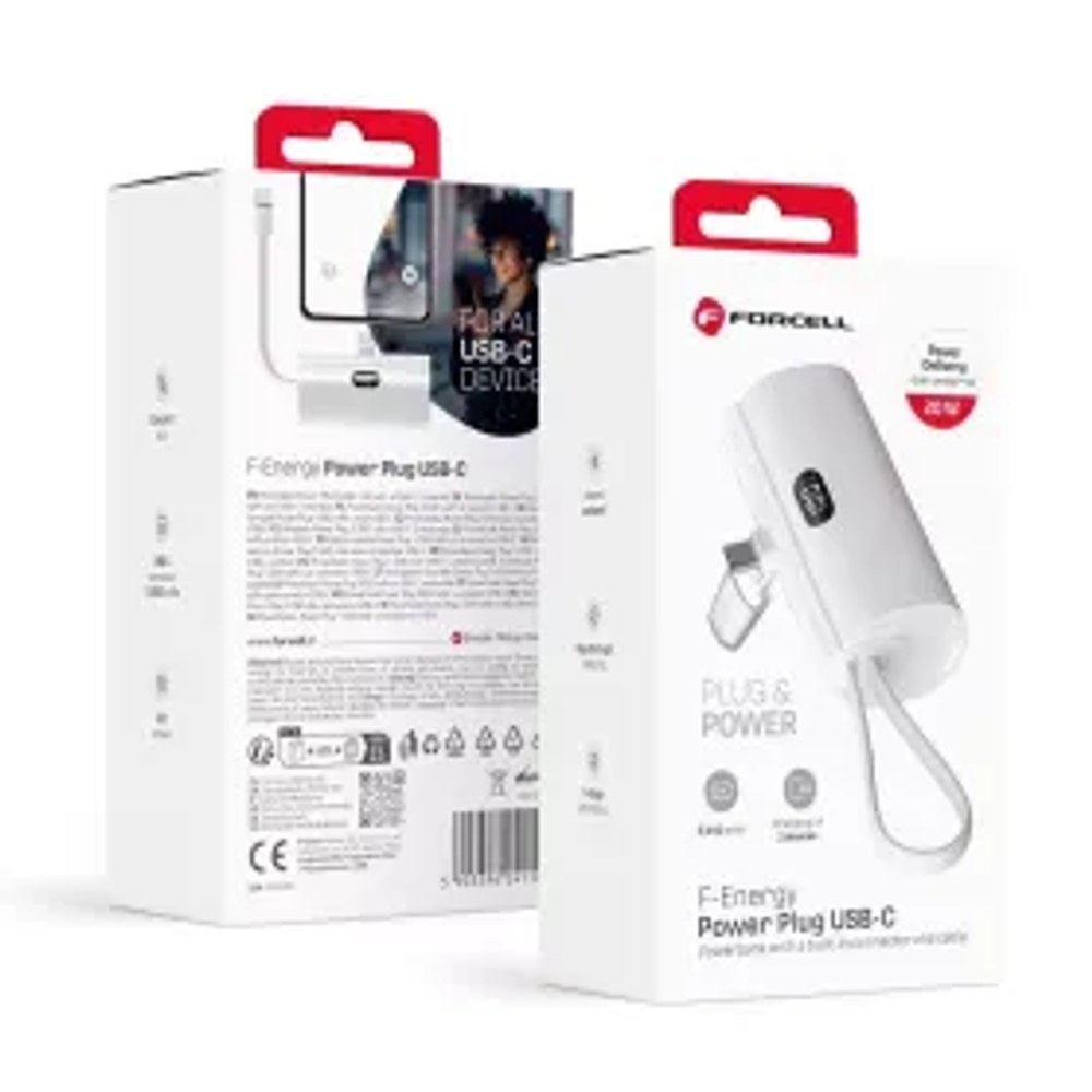 F-ENERGY Power Plug F5K3 powerbanka s vestavěným konektorem Typ C PD 20W 5000 mAh bílá