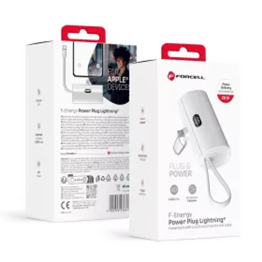 F-ENERGY Power Plug F5K3 powerbanka s vestavěným konektorem Lightning PD 20W 5000 mAh bílá