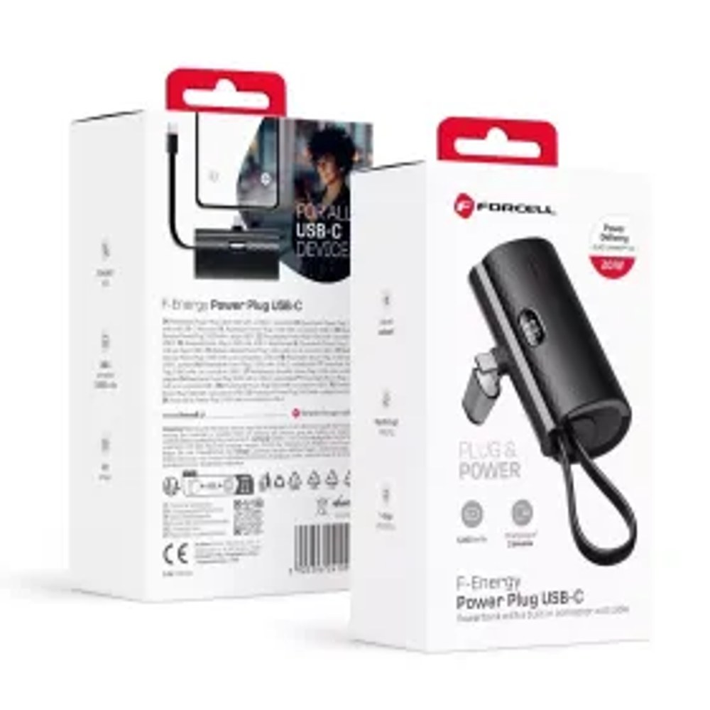 Powerbanka F-ENERGY Power Plug F5K3 s vestavěným konektorem Typ C PD 20W 5000 mAh černá