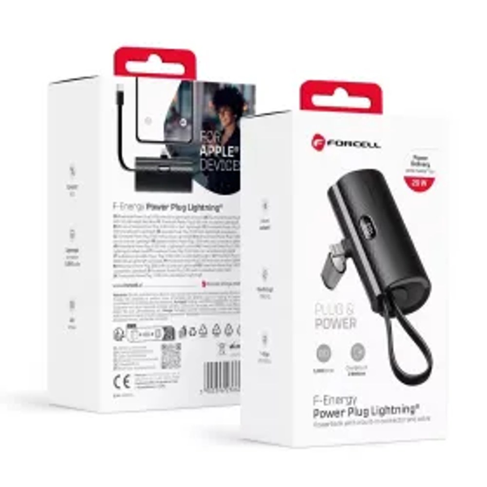 Powerbanka F-ENERGY Power Plug F5K3 s vestavěným konektorem Lightning PD 20W 5000 mAh černá
