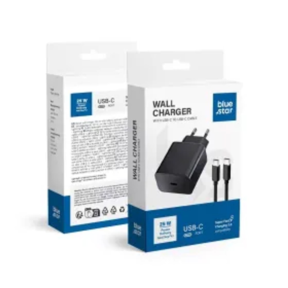 Cestovní nabíječka Blue Star se zásuvkou USB C s kabelem typu C - 3A 25W s funkcí PD a QC 4.0