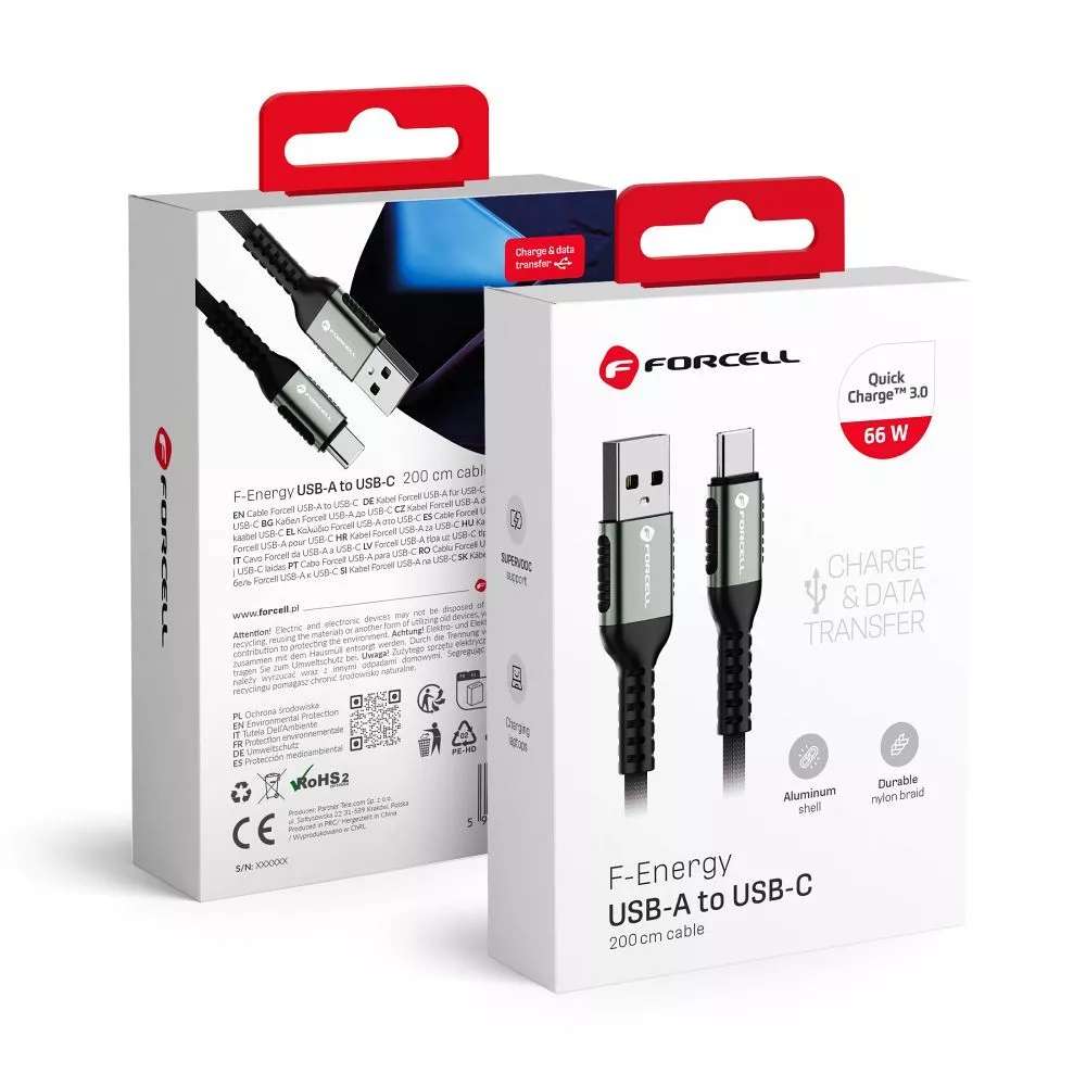 F-ENERGY C256 kabel USB A až Typ C QC3.0 3A 66W Kabel 2 m black