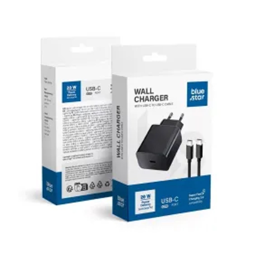 Cestovní nabíječka Blue Star s USB C zásuvkou s kabelem typu C - 3A 20W s funkcí PD a QC 4.0