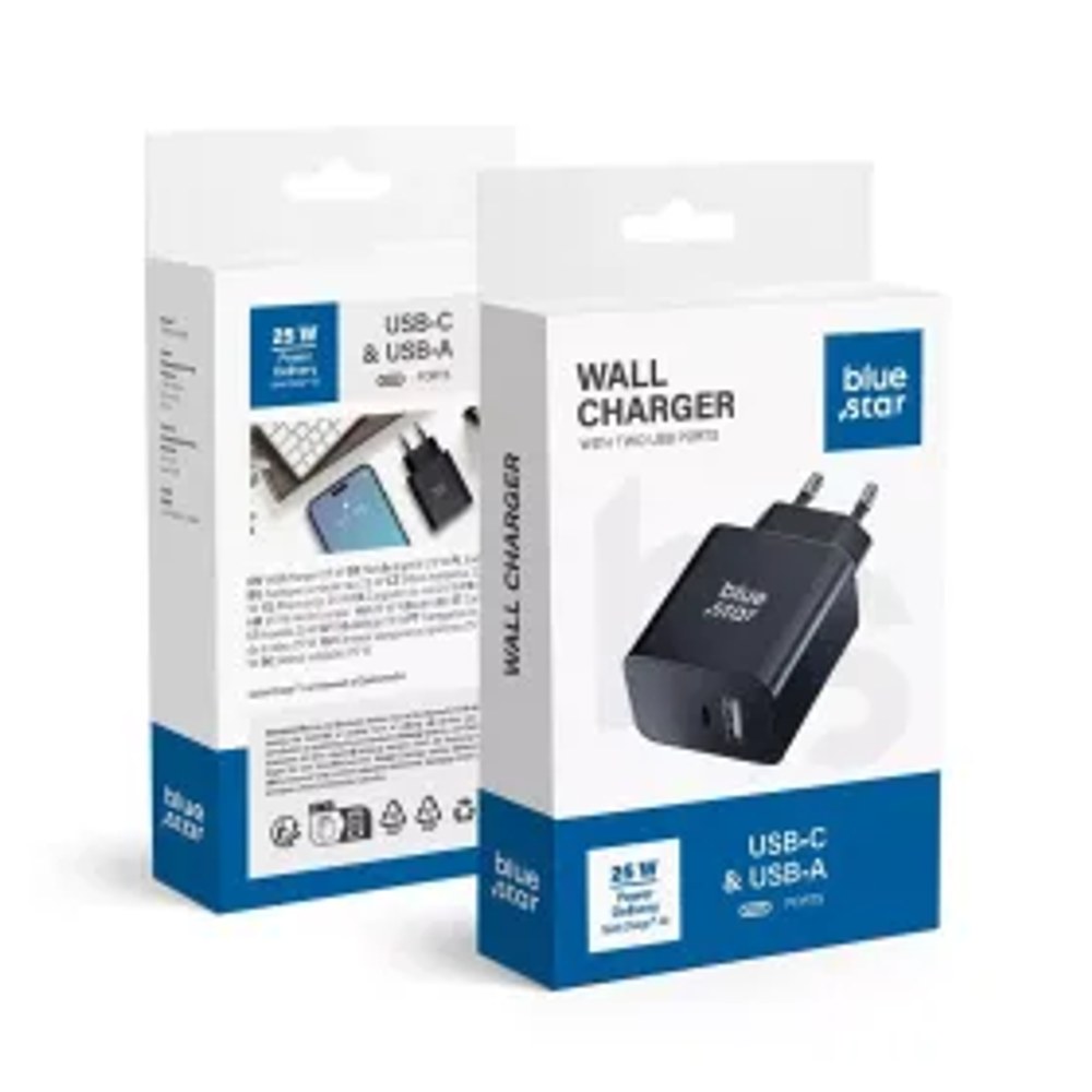 BLUE STAR cestovní nabíječka s USB C+USB-A zásuvkami PD QC4.0 3A 25W TFB-TC-25WPD černá
