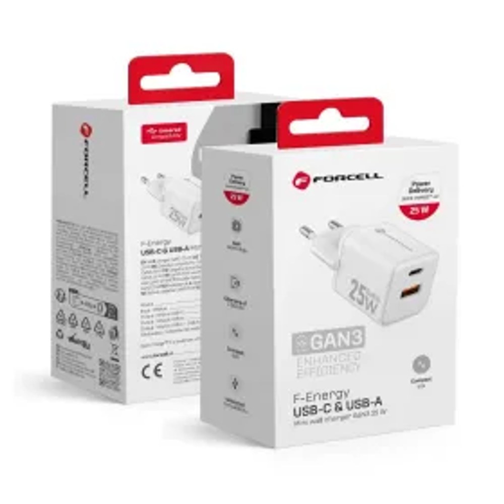 F-ENERGY Mini GaN III VT-25B cestovní nabíječka s 1 x zásuvkou typu C + 1x USB A, PD QC4.0 25W bílá
