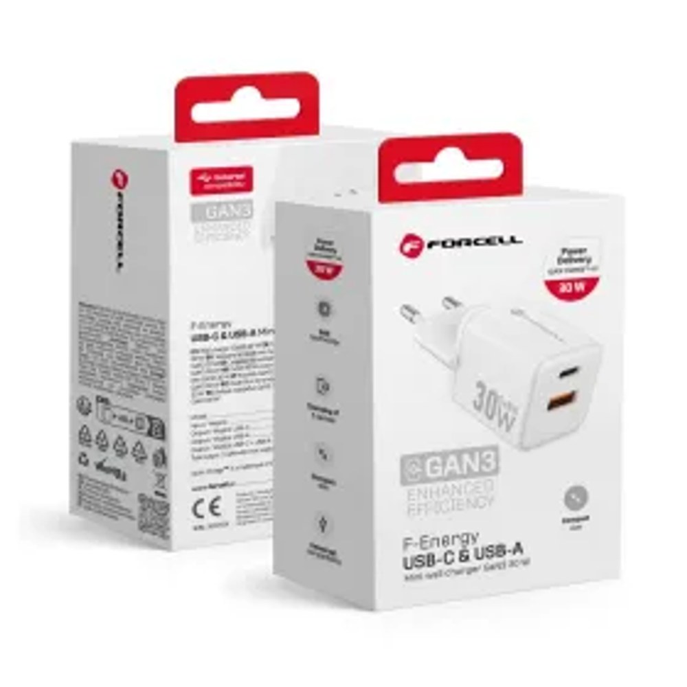 F-ENERGY Mini GaN III VT-35 cestovní nabíječka s 1 x zásuvkou typu C + 1x USB A, PD QC4.0 30W bílá