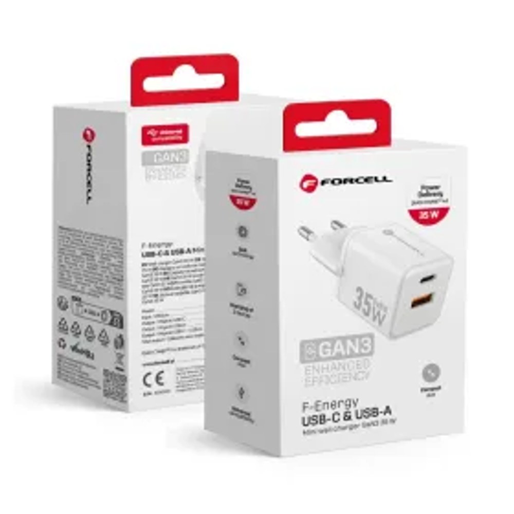 F-ENERGY Mini GaN III VT-35C cestovní nabíječka s 1 x zásuvkou typu C + 1x USB A, PD QC4.0 35W bílá