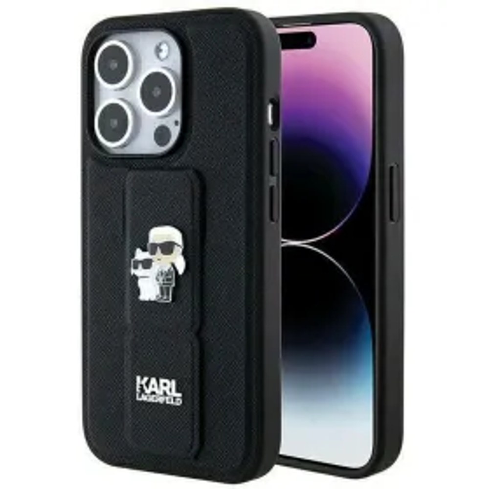 Originální čelní kryt KARL LAGERFELD KLHCP14LGSAKCPK pro iPhone 14 Pro (Gripstand Saffiano KC PIN / černý)